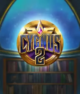 Discover the magical visuals of ELK Studios' Cygnus 2 Slot, highlighting a stunning emblem with a vibrant purple and gold design. Positioned against a starlit library backdrop, this graphic conjures the theme of exploration and mystery. 